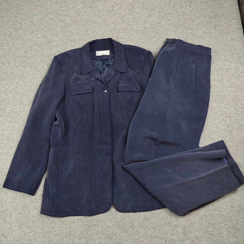 Vintage TRAVIS AYERS Pant Suit Womens 16 Blue Silk Lined Tailored Jacket Pants